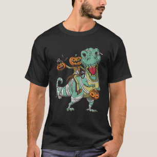 Camiseta Skeleton Riding Mummy Dinosaur T rex Pumpkin Funny