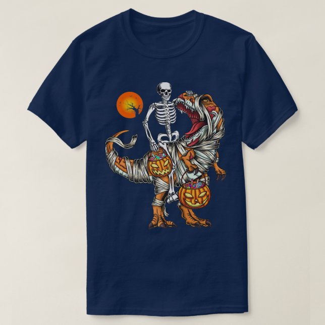 Camiseta Skeleton Riding Mummy Dinosaur T Rex Pumpkin Funny (Diseño del anverso)