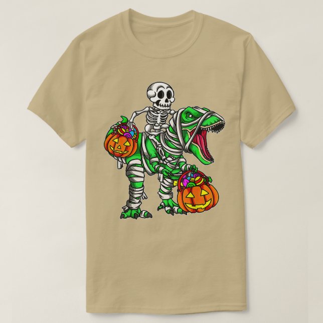 Camiseta Skeleton Riding Mummy Dinosaur T Rex Pumpkin Funny (Diseño del anverso)