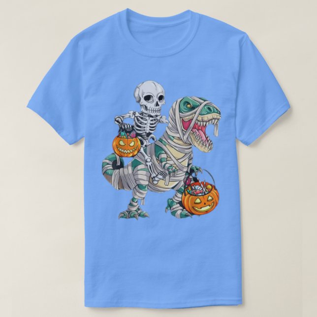 Camiseta Skeleton Riding Mummy Dinosaur T rex Pumpkin Funny (Diseño del anverso)