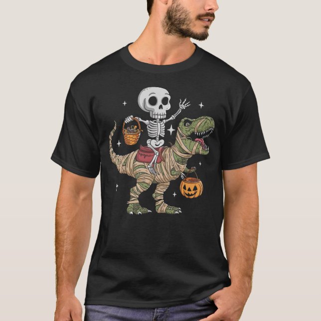 Camiseta Skeleton Riding Mummy Dinosaur T Rex Pumpkin Happy (Anverso)