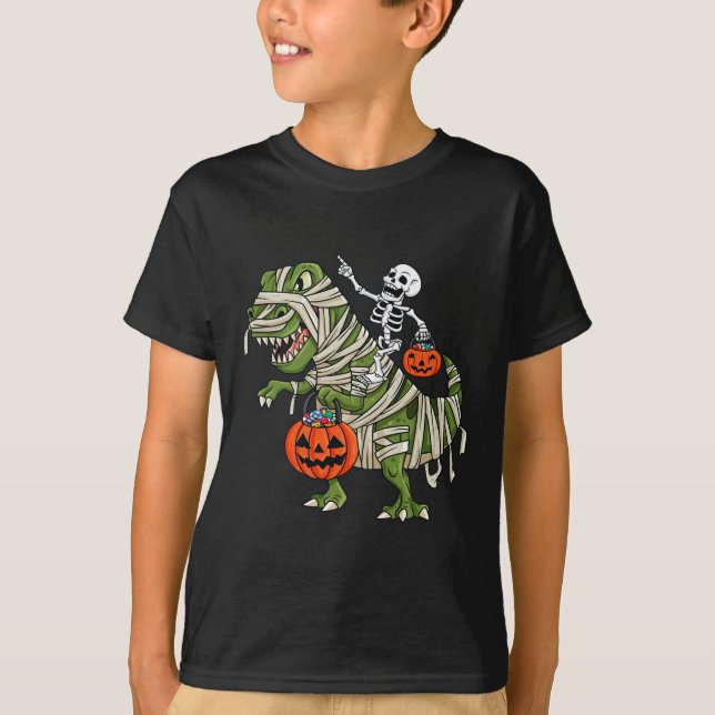 Camiseta Skeleton Riding Mummy T Rex Halloween Chicas K (Anverso)