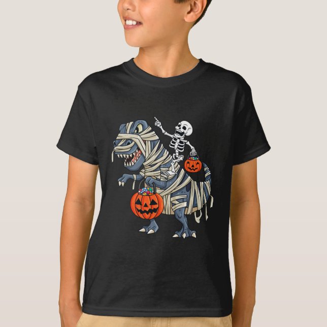 Camiseta Skeleton Riding Mummy T Rex Halloween Chicas K (Anverso)