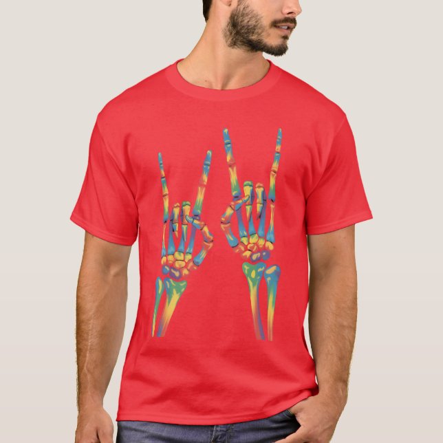 Camiseta Skeleton Rock Hand Rainbow LGBTQ Gay Lesbian Pride (Anverso)