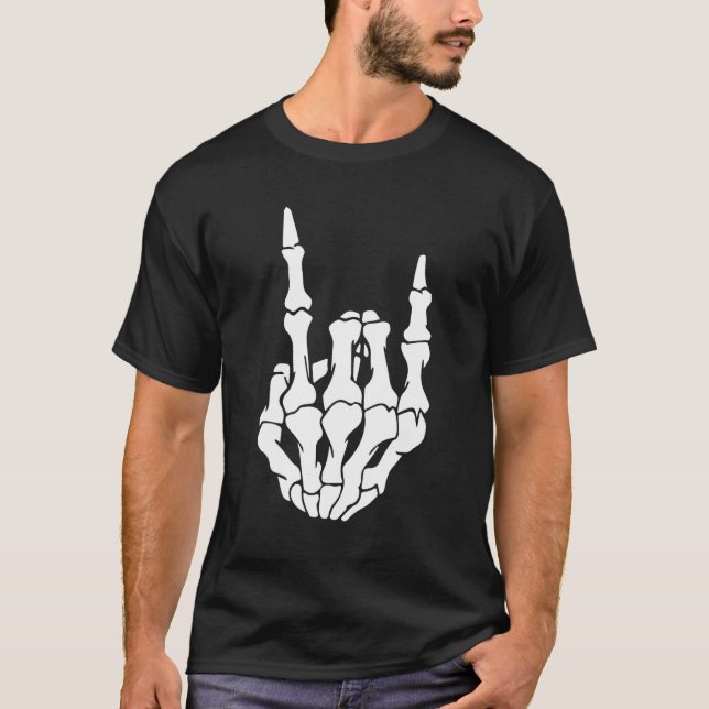Camiseta Skeleton Rock Hand Sign Guitar Pick Guitarists Gui (Anverso)