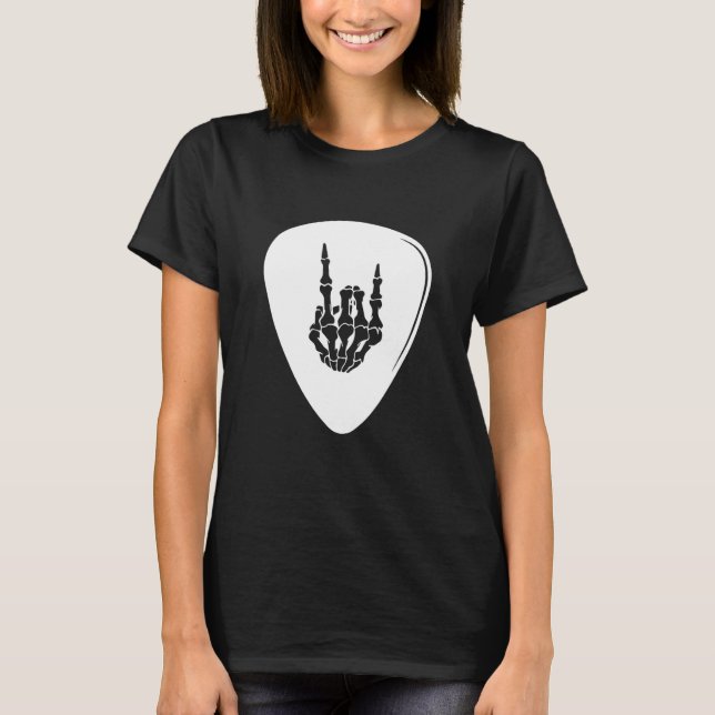 Camiseta Skeleton Rock Hand Sign Guitar Pick Guitarists Gui (Anverso)