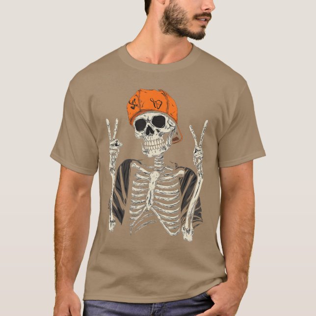 Camiseta Skeleton Rocker Hat Skater Cool Punk Rock Hallowee (Anverso)