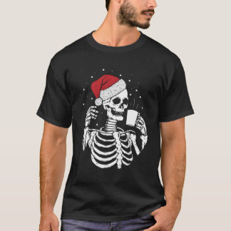 Camiseta Skeleton Santa Hat bebiendo café Navidades diverti