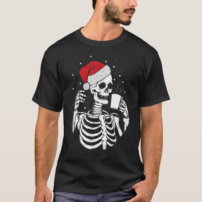 Camiseta Skeleton Santa Hat Drinking Coffee Christmas (Anverso)