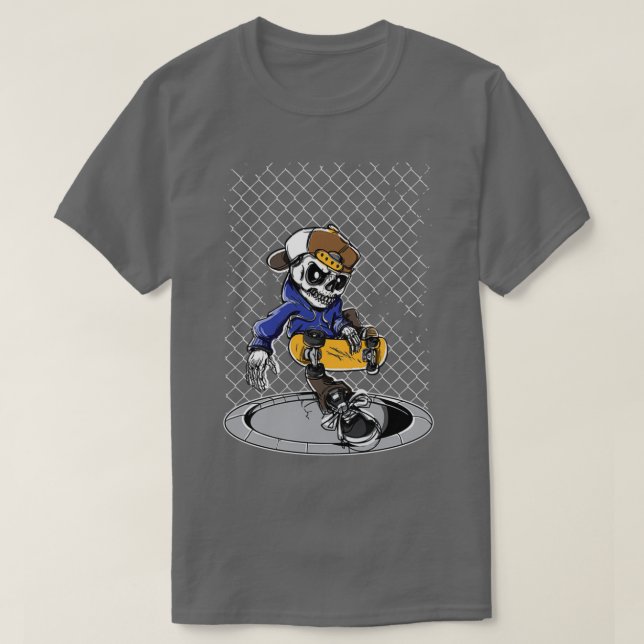 Camiseta Skeleton Skateboard Fence Manhole (Diseño del anverso)