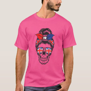 Camiseta Skeleton Skull Hair Bun Union Jack England Flag Uk