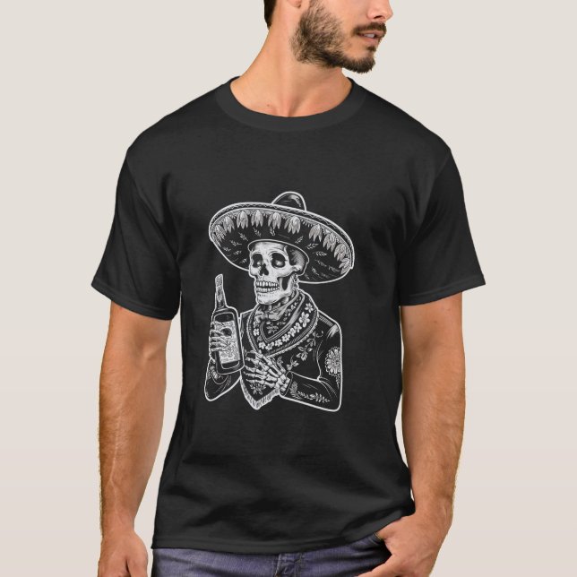 Camiseta Skeleton Sombrero Tequila Día del Culto Mexicano M (Anverso)