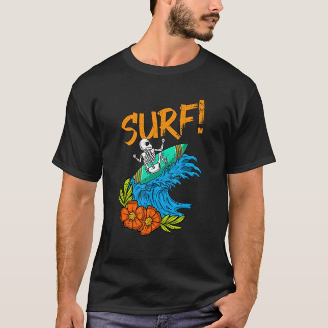 Camiseta Skeleton Surfer Vintage Hawaii Waves Surfing (Anverso)