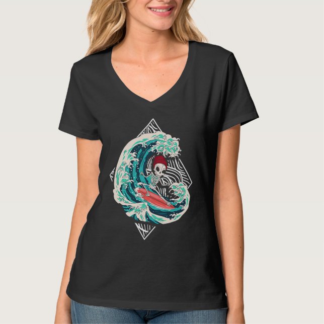 Camiseta Skeleton Surfer Waves Ocean Surfboard Surfing (Anverso)