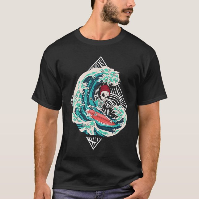 Camiseta Skeleton Surfer Waves Ocean Surfboard Surfing (Anverso)