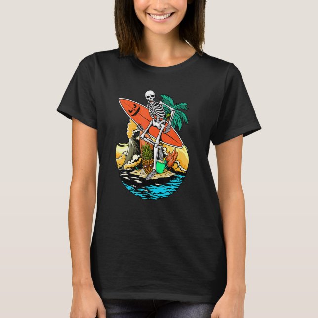 Camiseta Skeleton Surfing Jackolantern Halloween Men Hawaii (Anverso)