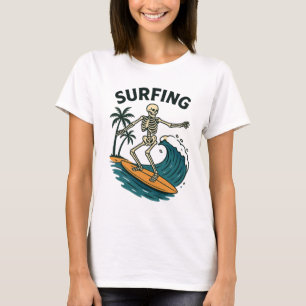 Camiseta Skeleton Surfing Retro Beach Wave Design
