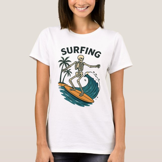 Camiseta Skeleton Surfing Retro Beach Wave Design (Anverso)