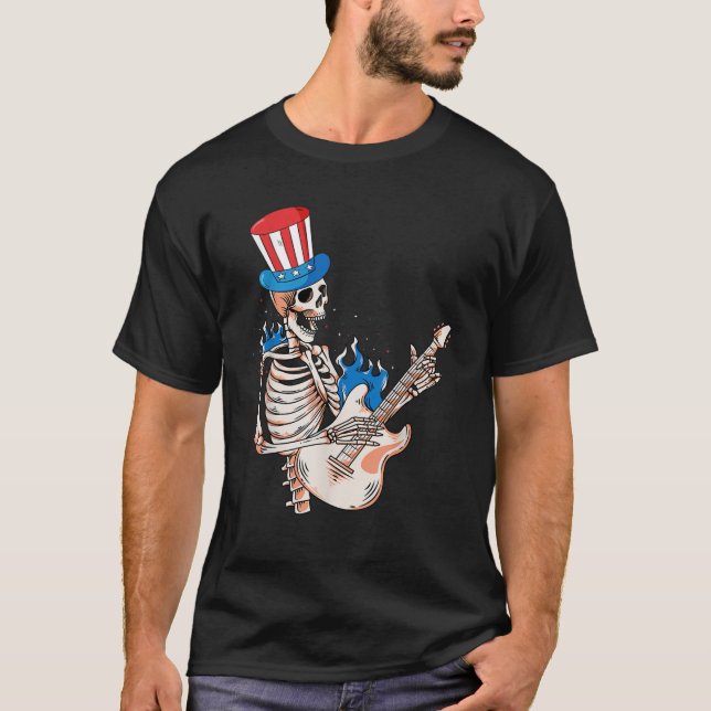 Camiseta Skeleton Tocando Guitarra 4 De Julio Funny Patriot (Anverso)
