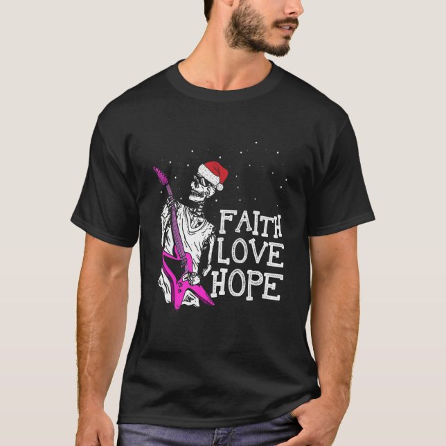Camiseta Skeleton Tocando Guitarra Fe Esperanza Amar a Guay (Anverso)