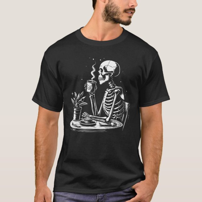 Camiseta Skeleton tomando café negro (Anverso)