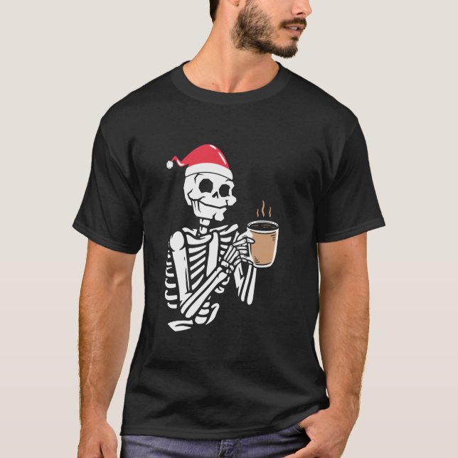 Camiseta Skeleton Usa Santa Hat Bebiendo café Gracioso Chri (Anverso)