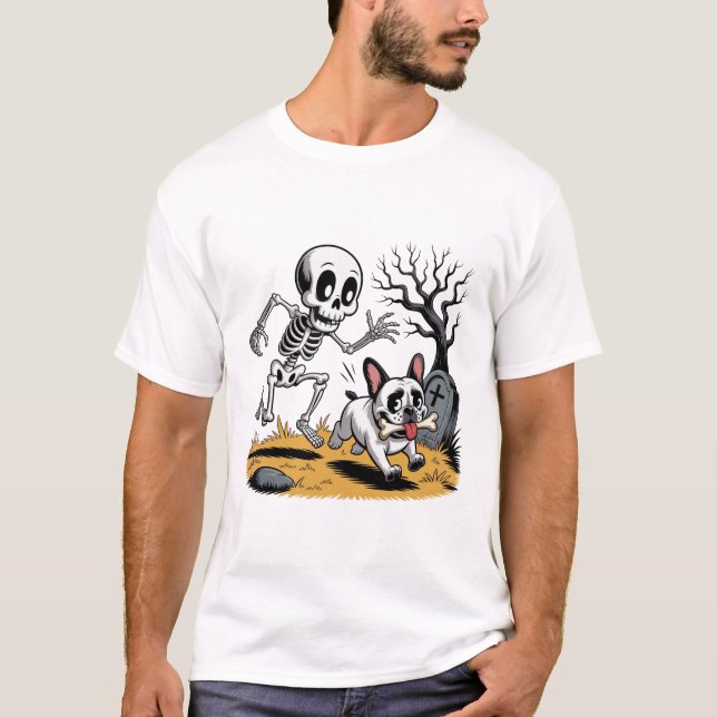 Camiseta Skeleton vs French Bulldog – Funny Halloween Chase (Anverso)