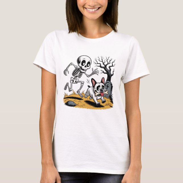 Camiseta Skeleton vs French Bulldog – Funny Halloween Chase (Anverso)