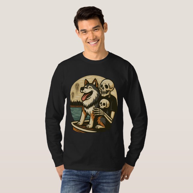 Camiseta Skeleton with Dog on Haunted Lake Horror Art (Anverso completo)