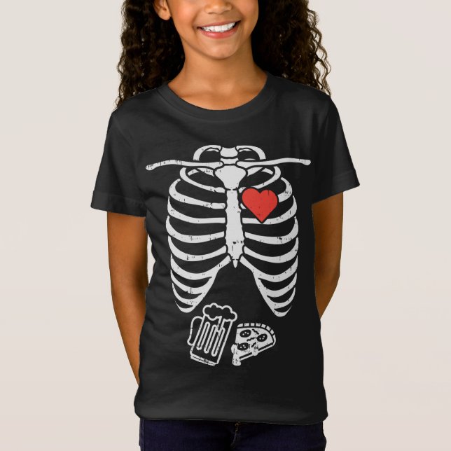 Camiseta Skeleton X-Ray Pizza Beer Graciosa Halloween Pregn (Anverso)