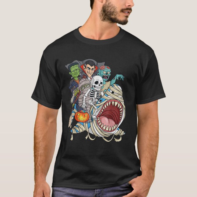 Camiseta Skeleton Zombie Riding Mummy Shark Vampire Hallowe (Anverso)