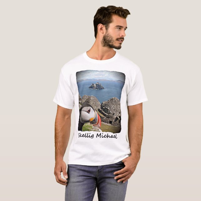 Camiseta Skellig Michael, Kerry, Irlanda, frailecillo, (Anverso completo)