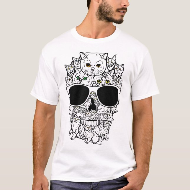 Camiseta Skull Cat Kitty Skeleton Black Sunglass Men T-Shi (Anverso)