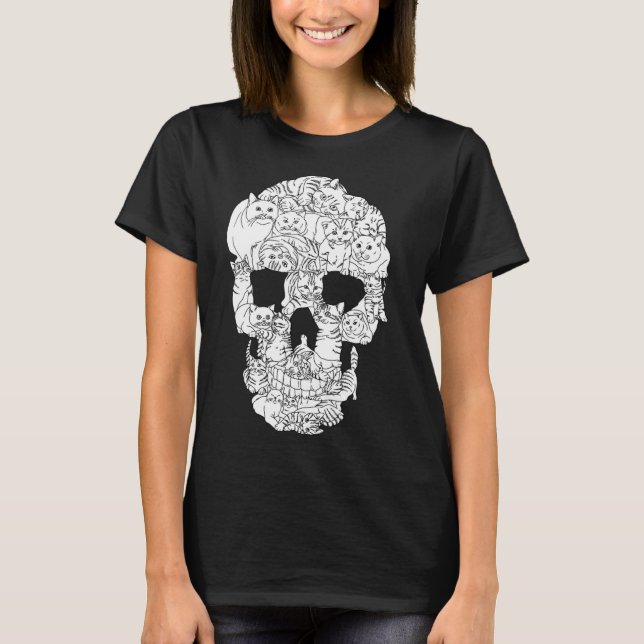 Camiseta Skull Cat Kitty Skeleton Halloween Punk de Gótico  (Anverso)