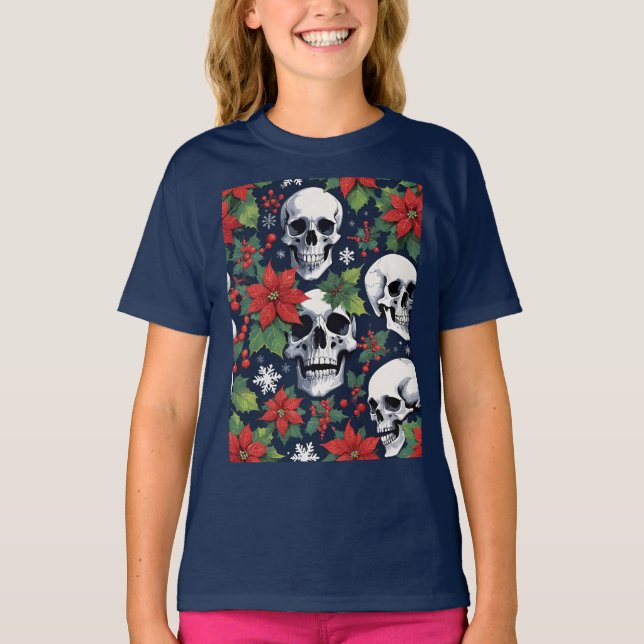 Camiseta Skull Christmas With Poinsettias & Snowflakes (Anverso)