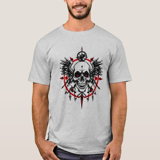 Camiseta Skull Compass T-Shirt – Gothic Wings & Red Eye Hor (Anverso)