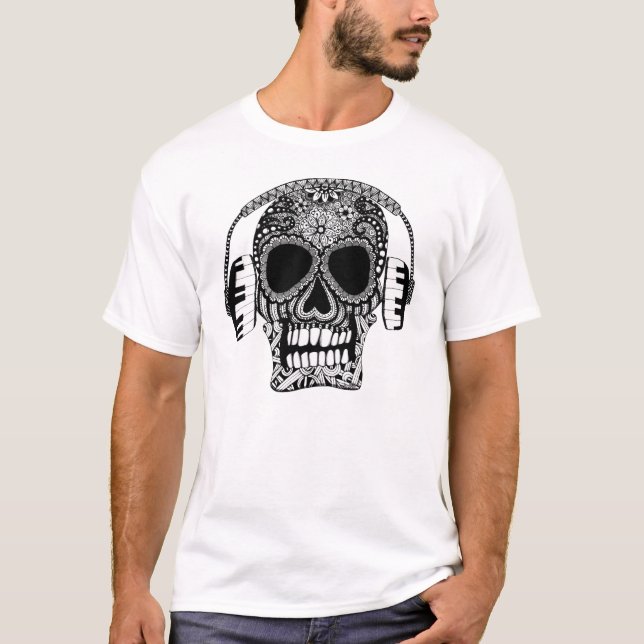 Camiseta Skull con audífonos Música en blanco y negro (Anverso)