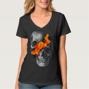 Camiseta Skull Dividido Con Rosas Naranjas Para El Amante D