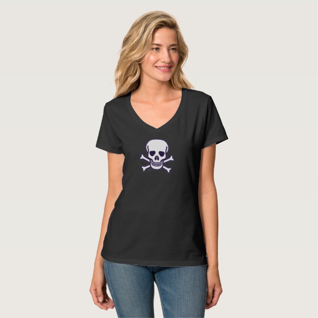 Camiseta Skull n Bones para mujeres cuello V negro (Anverso completo)