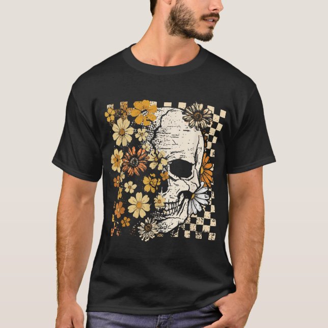 Camiseta Skull Skeleton Floral Fall Autumn Spooky Halloween (Anverso)
