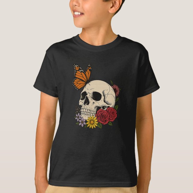 Camiseta Skulls Monarch Butterfly Flowers Halloween Men Wom (Anverso)