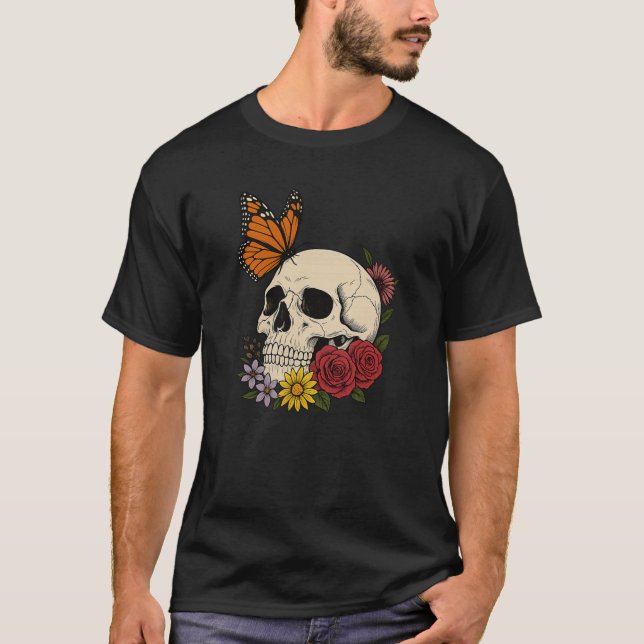 Camiseta Skulls Monarch Butterfly Flowers Halloween Men Wom (Anverso)