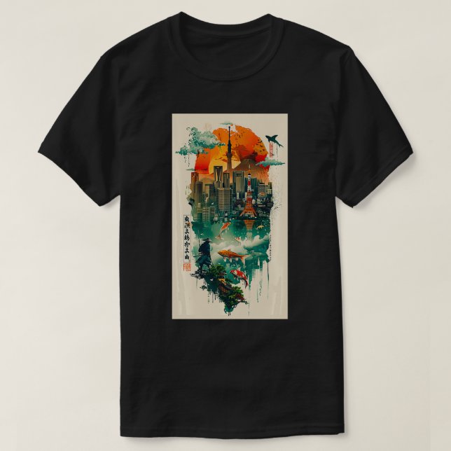 Camiseta Skyline Japan Tokyo Samurai Koi Fish (Diseño del anverso)