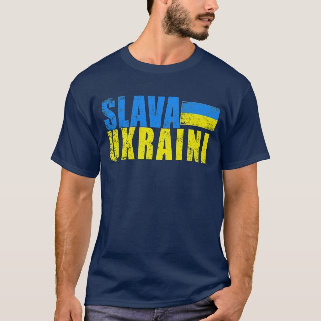 Camiseta SLAVA UKRAINI con bandera ucraniana estresada (Anverso)