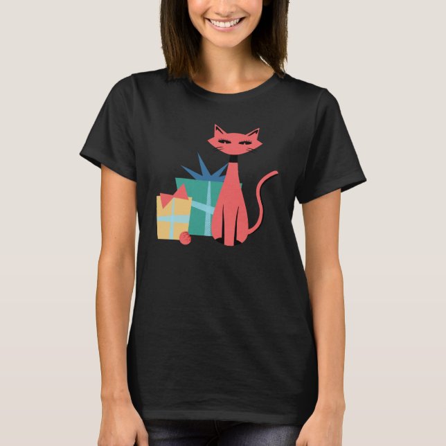 Camiseta Sleek Mid Century: Gato de Navidades modernos con  (Anverso)