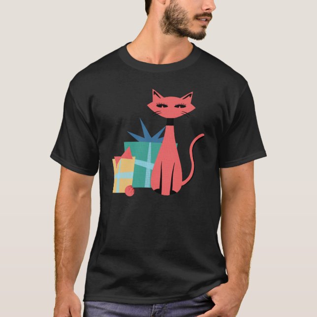 Camiseta Sleek Mid Century: Gato de Navidades modernos con  (Anverso)
