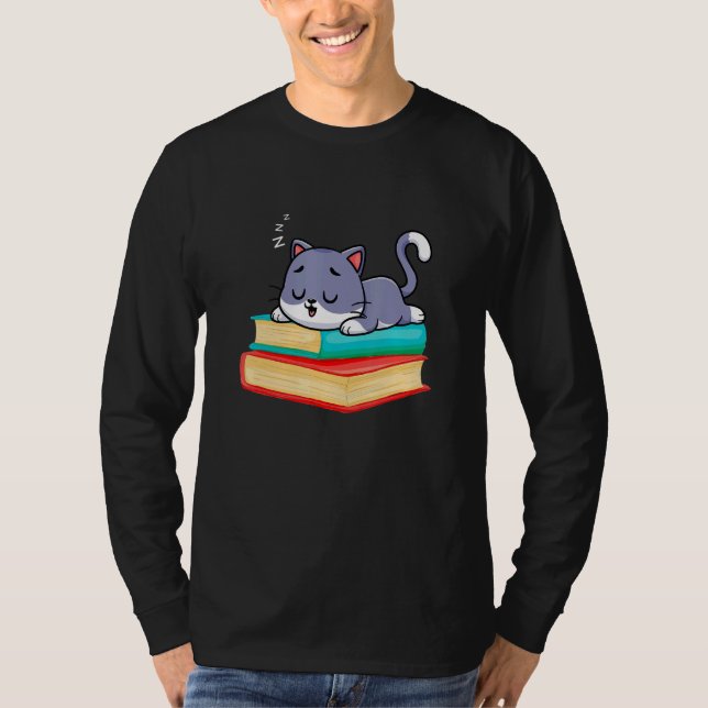 Camiseta Sleeping Cat On Books Librarian bookish Cat & Book (Anverso)