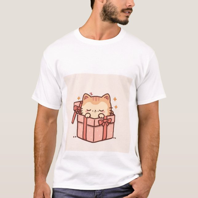Camiseta Sleepy Kawaii Ginger Cat in Pink Gift Box ✨💤 (Anverso)