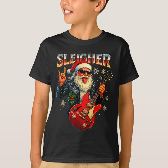 Camiseta Sleigher Rock Santa Funny Metal Christmas Design  (Anverso)