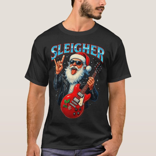 Camiseta Sleigher Rock Santa Funny Metal Christmas Design  (Anverso)
